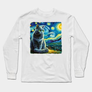 Russian Blue Starry Night Inspired - Artistic Cat Long Sleeve T-Shirt